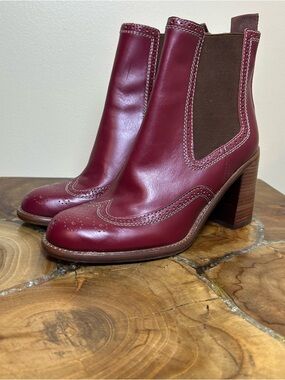 See By Chloe Maroon Leather Chelsea Booties with Block Heel